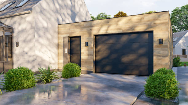 3D rendering of a home garage in wood paneling